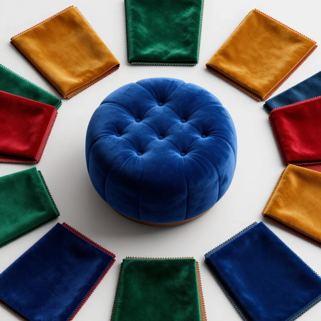 A luxurious tufted ottoman at the center, with vibrant fabric swatches in rich colors arranged circularly around it.