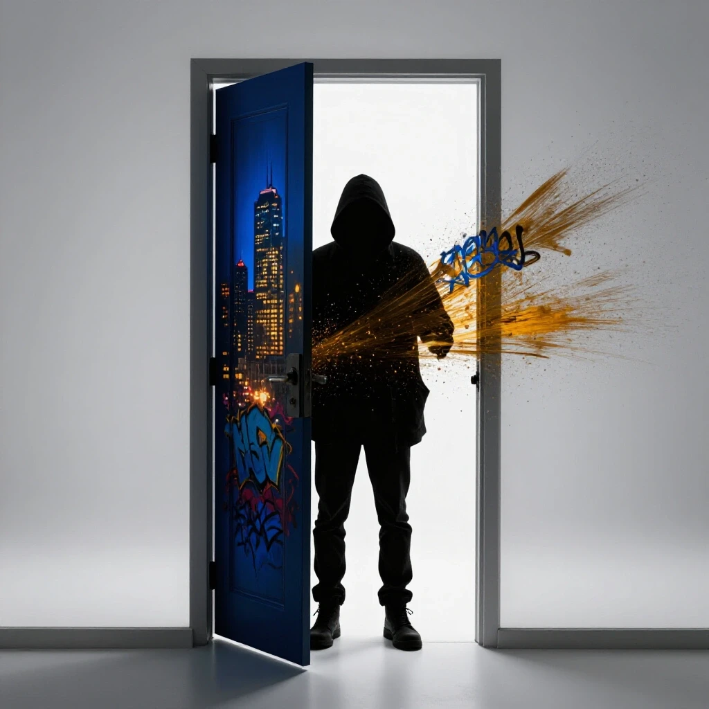 A shadowy figure at an urban door with vibrant city lights and graffiti illuminating the scene, beckoning exploration.