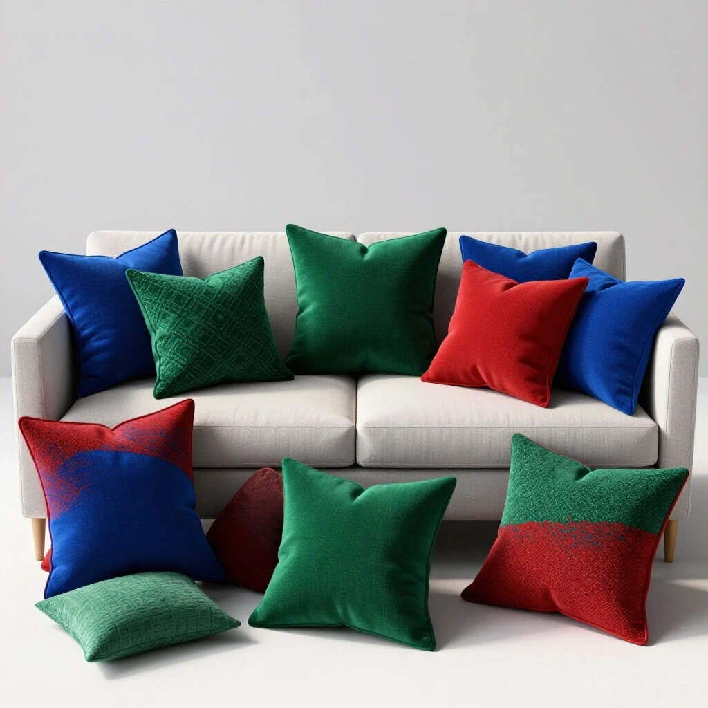 A cozy living room scene featuring a stylish sofa with vibrant decorative cushions in various textures and patterns.
