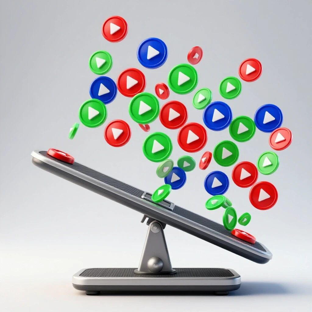 A dynamic 3D scale dramatically tipped with colorful video play buttons cascading, symbolizing weight loss game-changers.