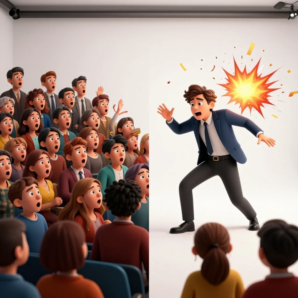 Dynamic split-screen image of an audience in shock and a prankster causing chaos with elements of humor and bright colors.