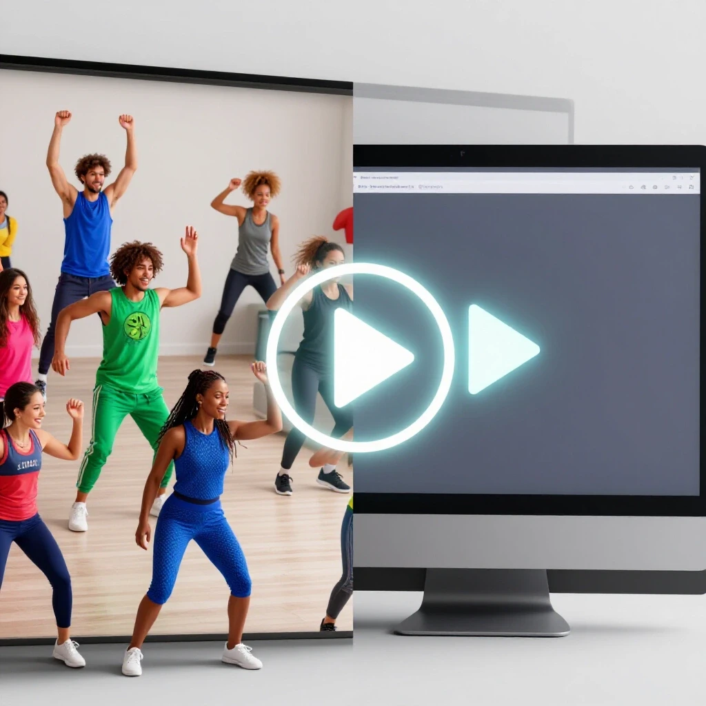 Dynamic split-screen showcasing a Zumba class on one side and a glowing YouTube play button on the other.