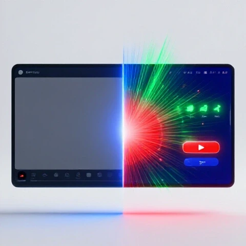Split scene with inactive dull YouTube interface on left and vibrant glowing engagement signals, colorful CTA on right
