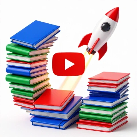 A colorful spiral of notebooks and folders transforms into a rocket launching from a YouTube play button on a bright background.