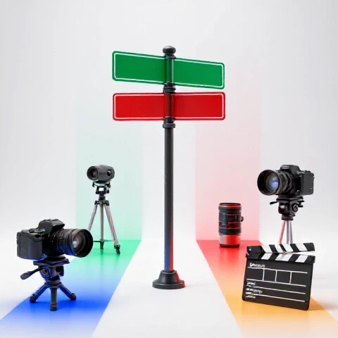 Crossroads with vibrant video equipment and colored spotlights on a clean white background, symbolizing video choices.