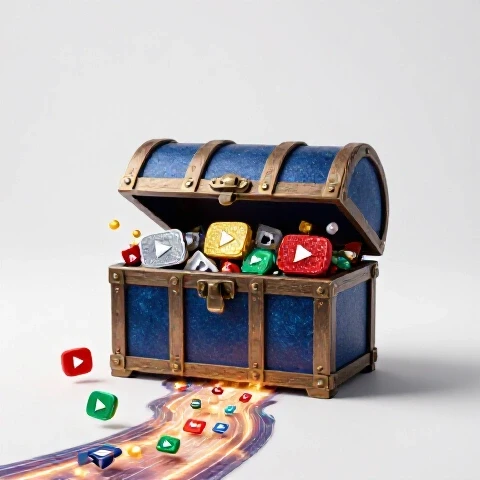 A dazzling treasure chest overflowing with colorful play buttons and video thumbnails on a glowing path in a bright studio setting.