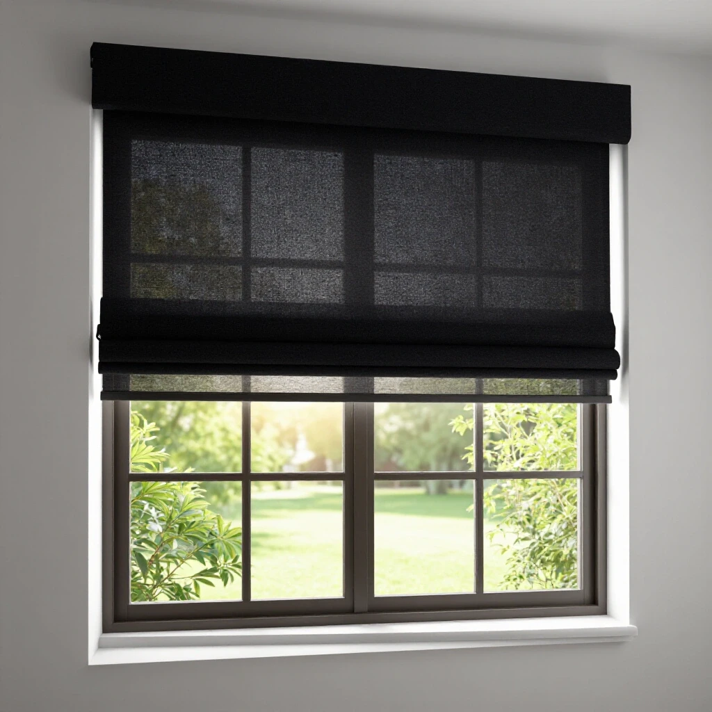 Luxurious blackout motorized roller shades partially drawn in a beautifully designed room with a sunny outdoor view.