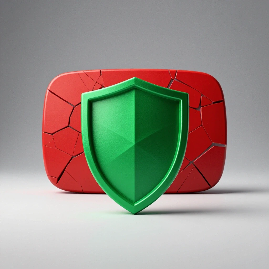 A vibrant green shield blocking a fragmented YouTube logo, symbolizing ad-blocking strategy.