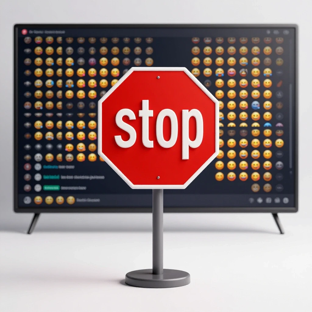 A large red stop sign in front of a blurred live chat filled with emojis, highlighting YouTube interaction blockages.