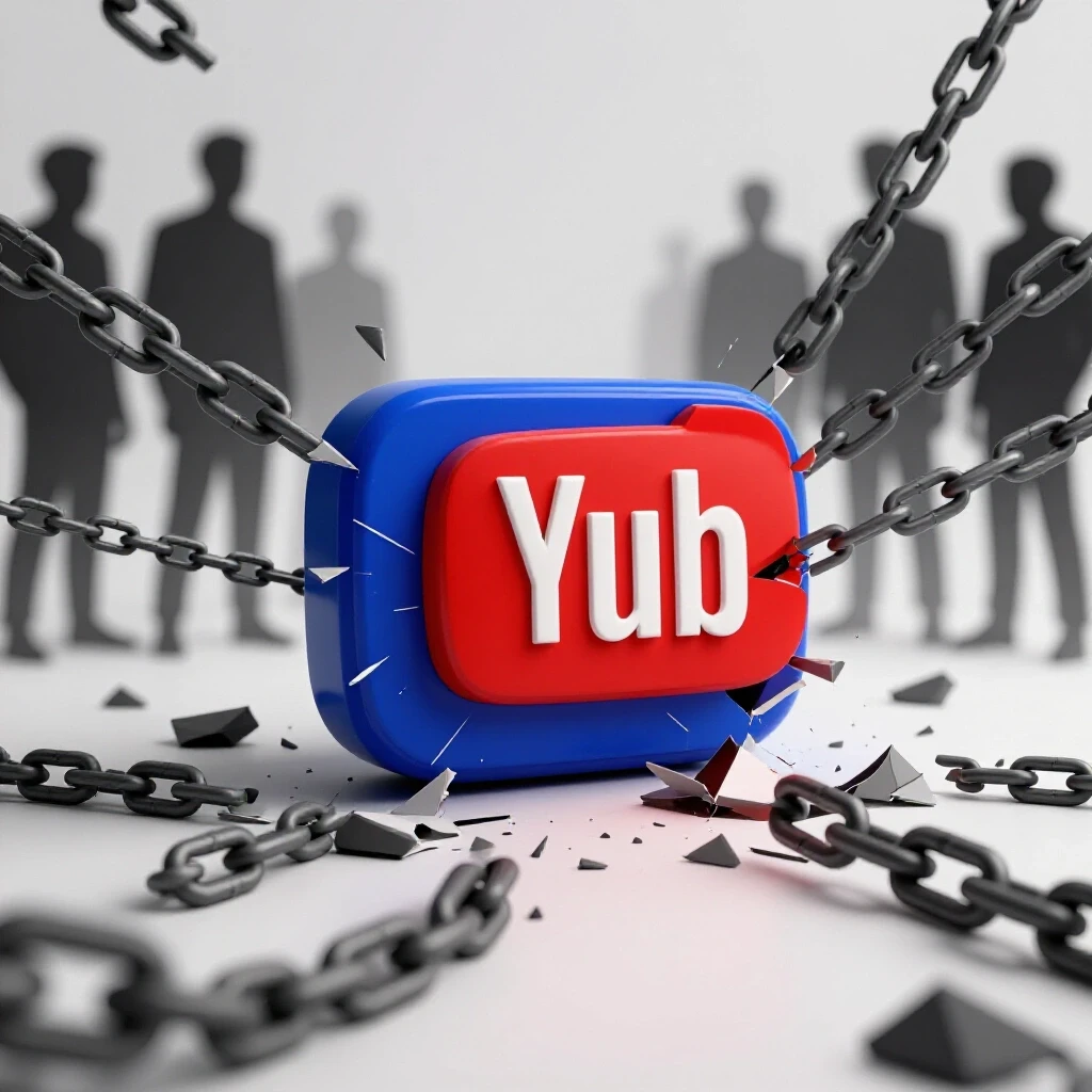 A striking visualization of a partially obscured YouTube logo surrounded by broken chains and shadows of blocked channels, symbolizing the struggle to access content.