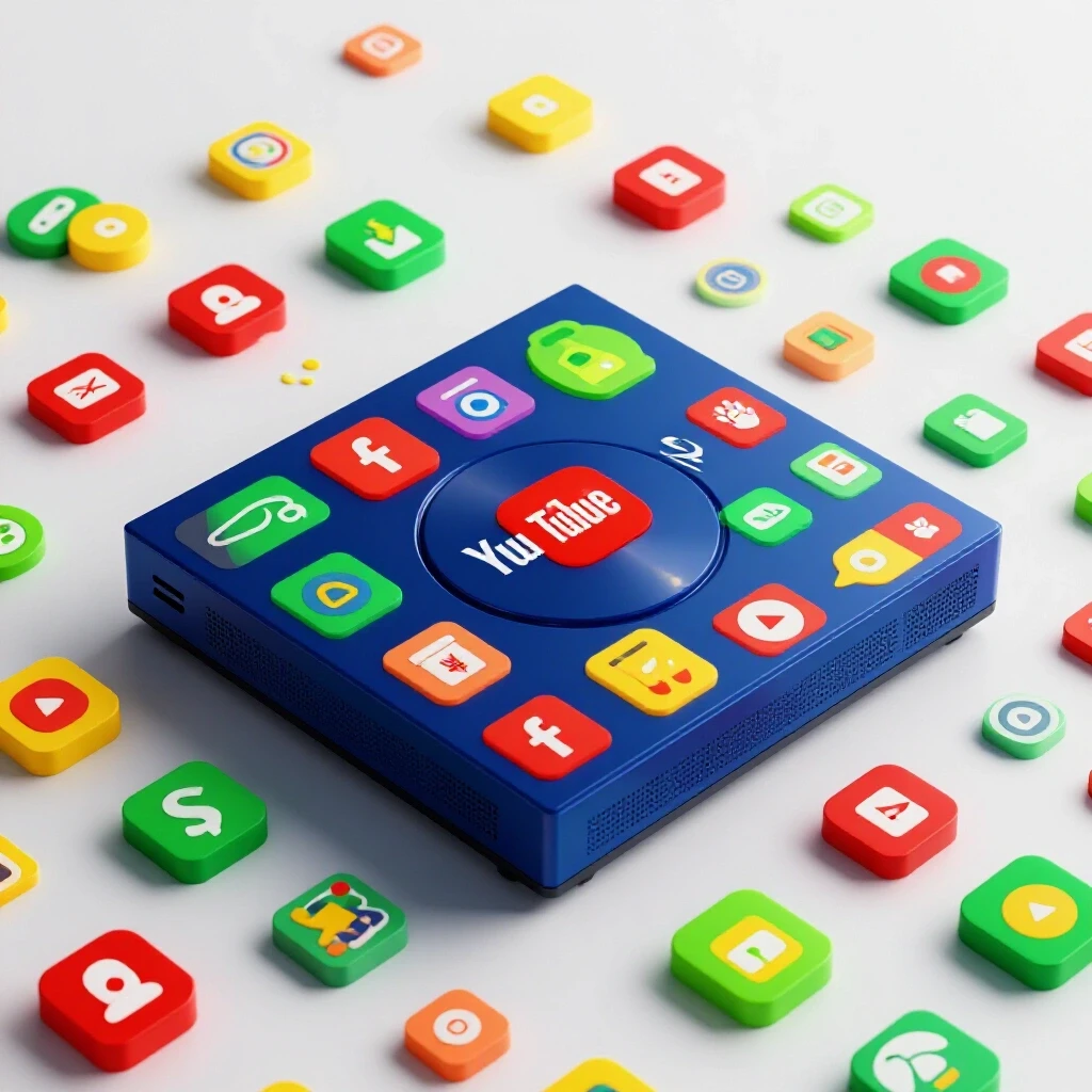 An elegant Blu-ray player centrally positioned with colorful streaming service icons around it in a bright studio setting.