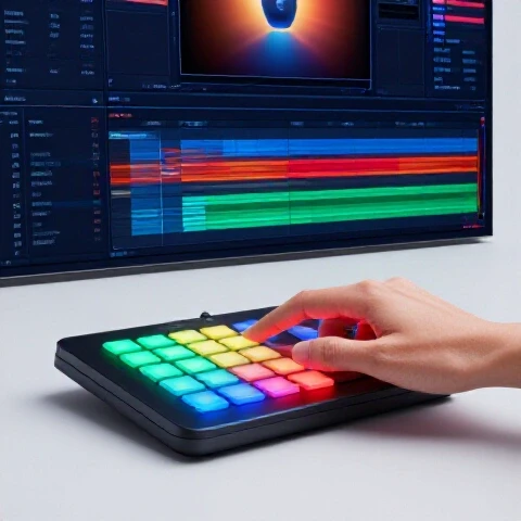 Hand pressing a glowing, colorful Stream Deck button with motion trails and split-screen video timeline transformation.