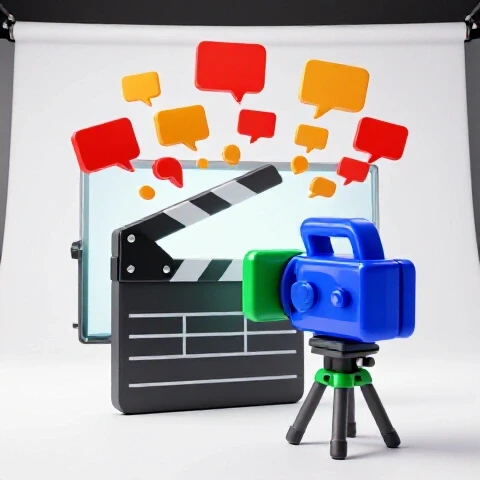 Film director's clapperboard and camera adjust angles as vibrant comment bubbles emerge from a video screen.