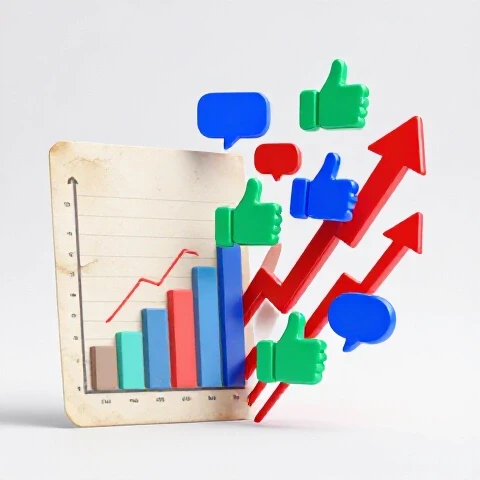 Split-scene with a dusty chart transforming into vibrant likes, comments, and growth symbols on a bright background.