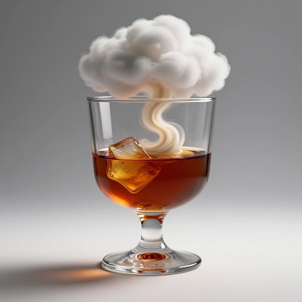 An elegant glass of rum with a swirling vanilla cloud, set against a clean grey background and subtle social media silhouettes.