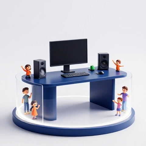 Content creator's desk encircled by a glowing barrier, with joyful family figures just outside, set against a bright studio background.