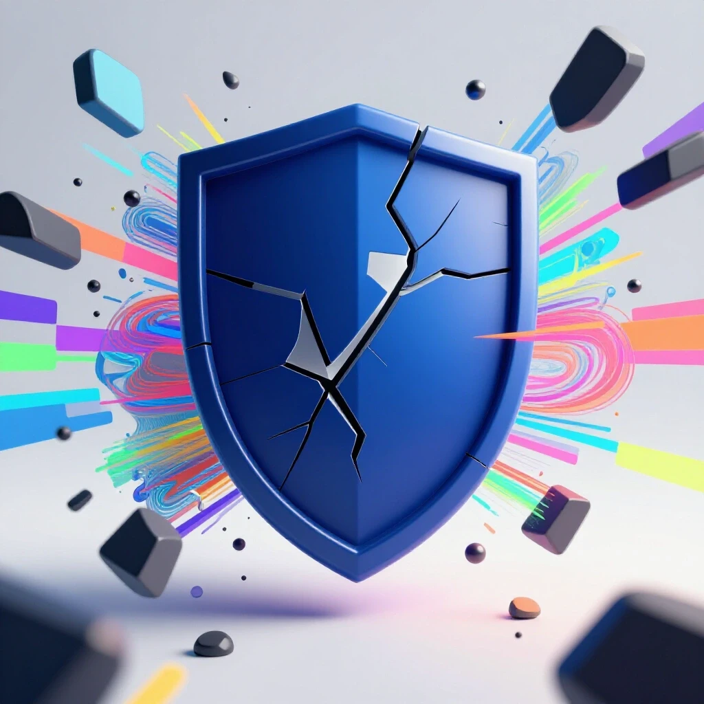 A broken shield in a bright studio setting, surrounded by vivid digital chaos, symbolizing brand safety challenges on YouTube.