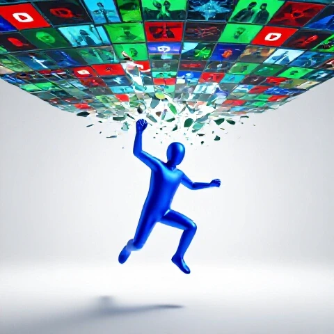 Glass ceiling constructed from vivid video thumbnails shattering upward with colorful fragments and thumbnails bursting through, set on a bright studio background.