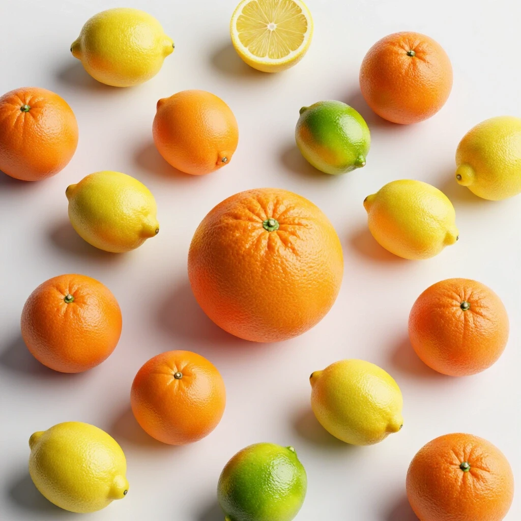 A vibrant arrangement of citrus fruits, including oranges, lemons, and limes, in a clean, well-lit studio setting, evoking freshness and energy.