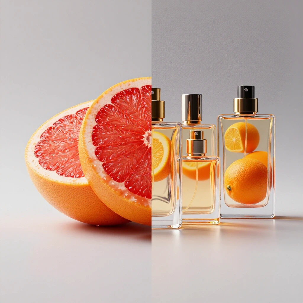 A vibrant image showing a sliced grapefruit with juicy droplets next to elegant citrus-colored perfume bottles.