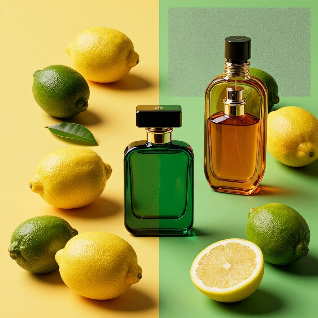 Stylish perfume bottles surrounded by fresh lemons and limes on vibrant split lemon yellow and lime green background.