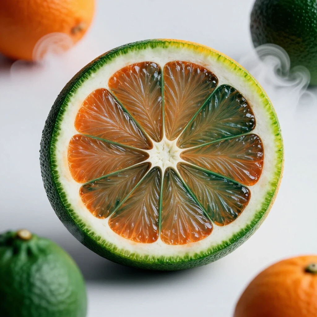 Close-up of a vibrant orange and green bergamot slice with ethereal mists, exuding a sense of freshness.