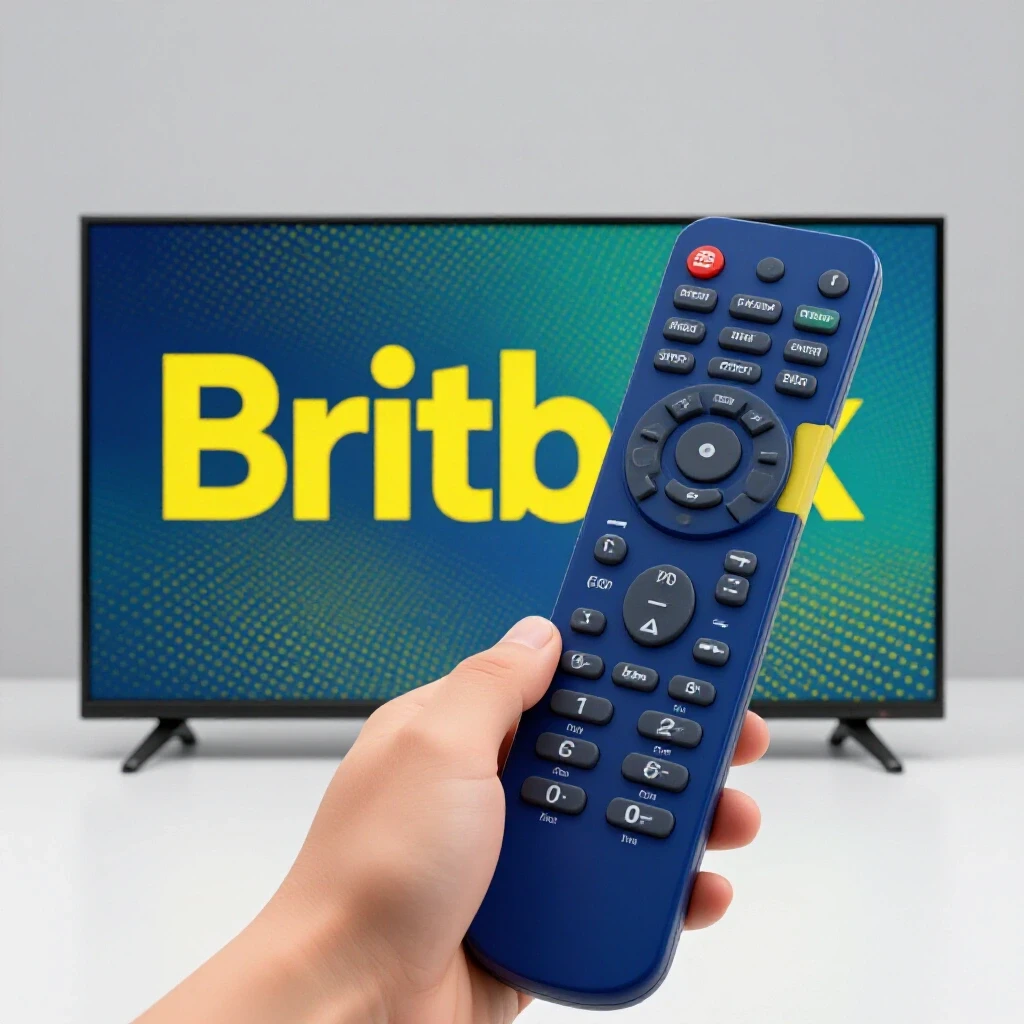 A remote control with a hand reaching for it, with a TV screen displaying the Britbox logo in a bright studio setting.