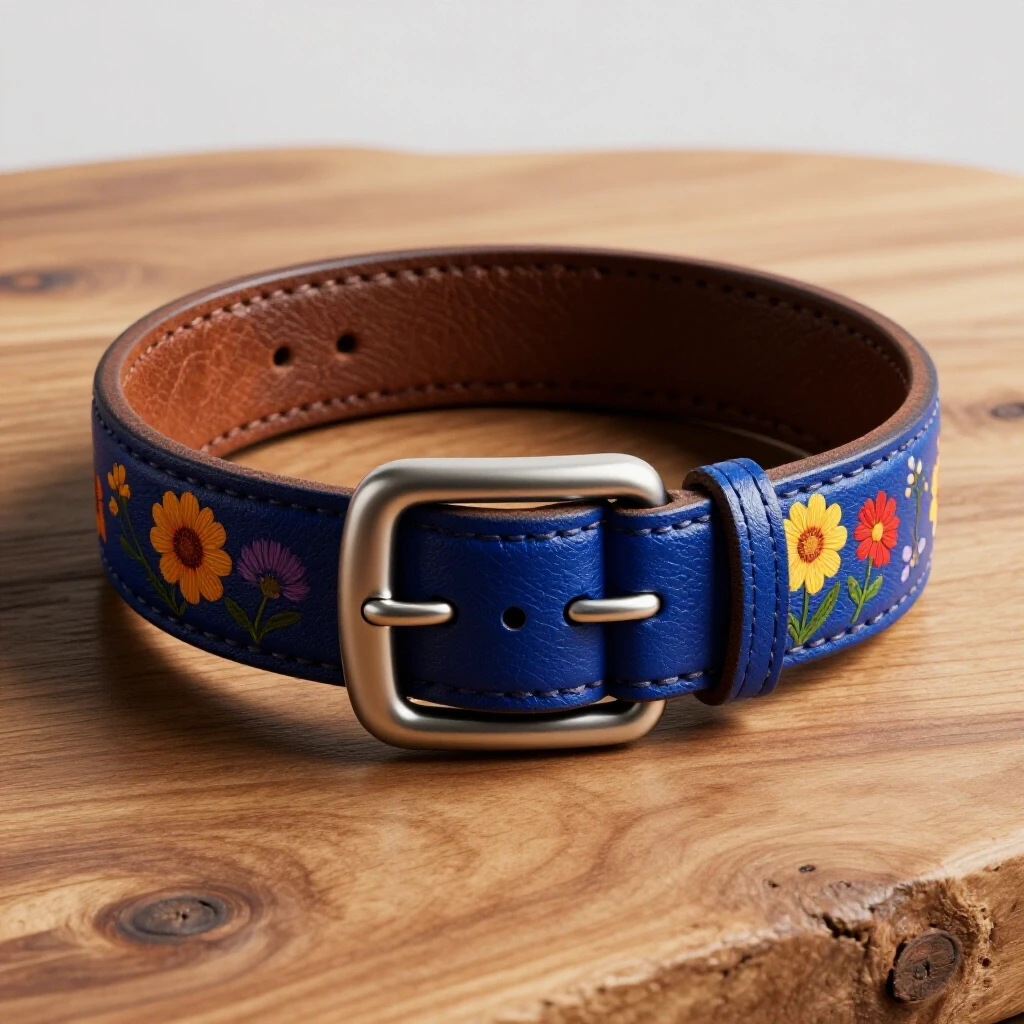 A beautifully crafted buckle-closure bracelet displayed on a rugged wooden surface, surrounded by vibrant wildflowers and textured leather.
