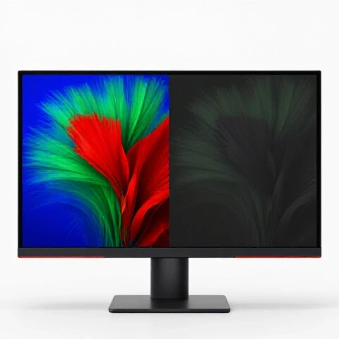 Split-screen budget monitor showing vibrant color-accurate visuals on one side and dull, washed-out images on the other, set against a bright studio background.