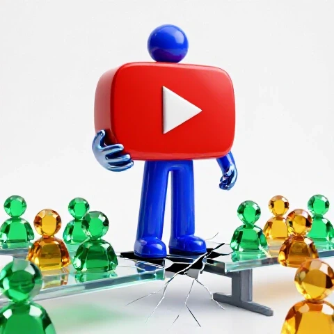 YouTube play button extends a hand across a fractured bridge toward vivid audience icons on white backdrop