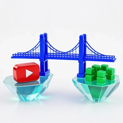 A vivid blue 3D bridge connects a red play button to emerald green audience cubes on a bright white background.