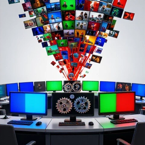 Organized control room with glossy monitors and metallic gears facing a chaotic surge of vibrant video thumbnails