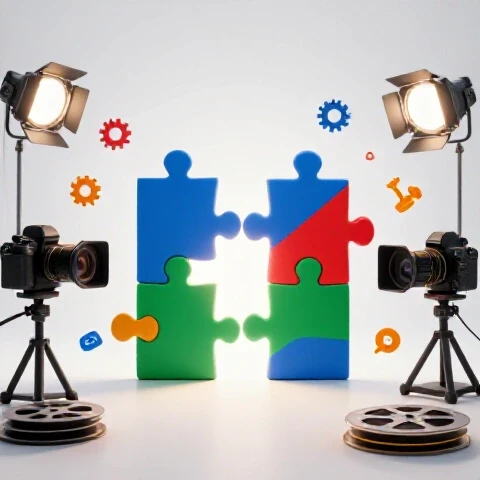 Bright scene with vivid video-themed puzzle pieces assembling toward a luminous finish line, surrounded by creative gear icons on a white background.
