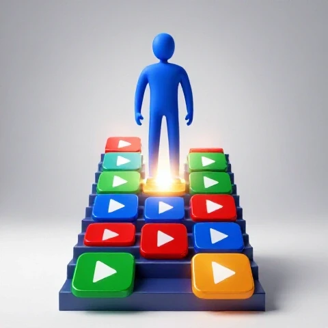 A confident figure ascends glowing video play button steps, each bathed in bright light against a luminous background.