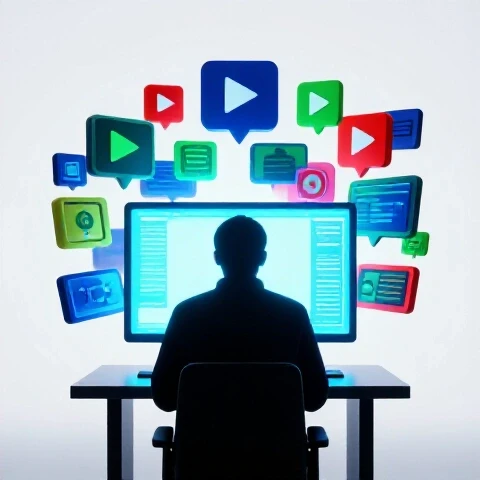 A hidden figure behind a glowing computer screen with floating vibrant video and digital icons.