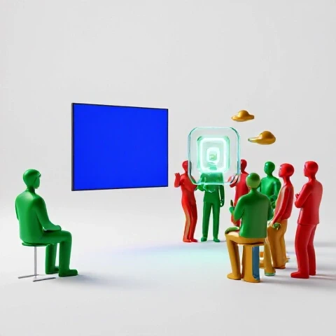 Split scene of isolated figures watching a screen versus colorful abstract shapes interacting in a collaborative group
