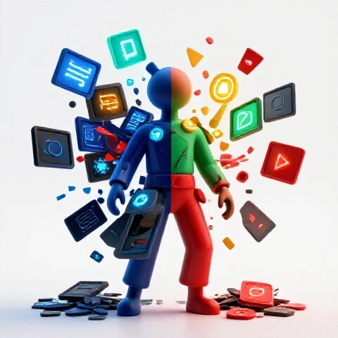 Vivid split abstract figure with one creative vibrant side and one chaotic shadowy side, surrounded by video icons in a bright white studio setting.