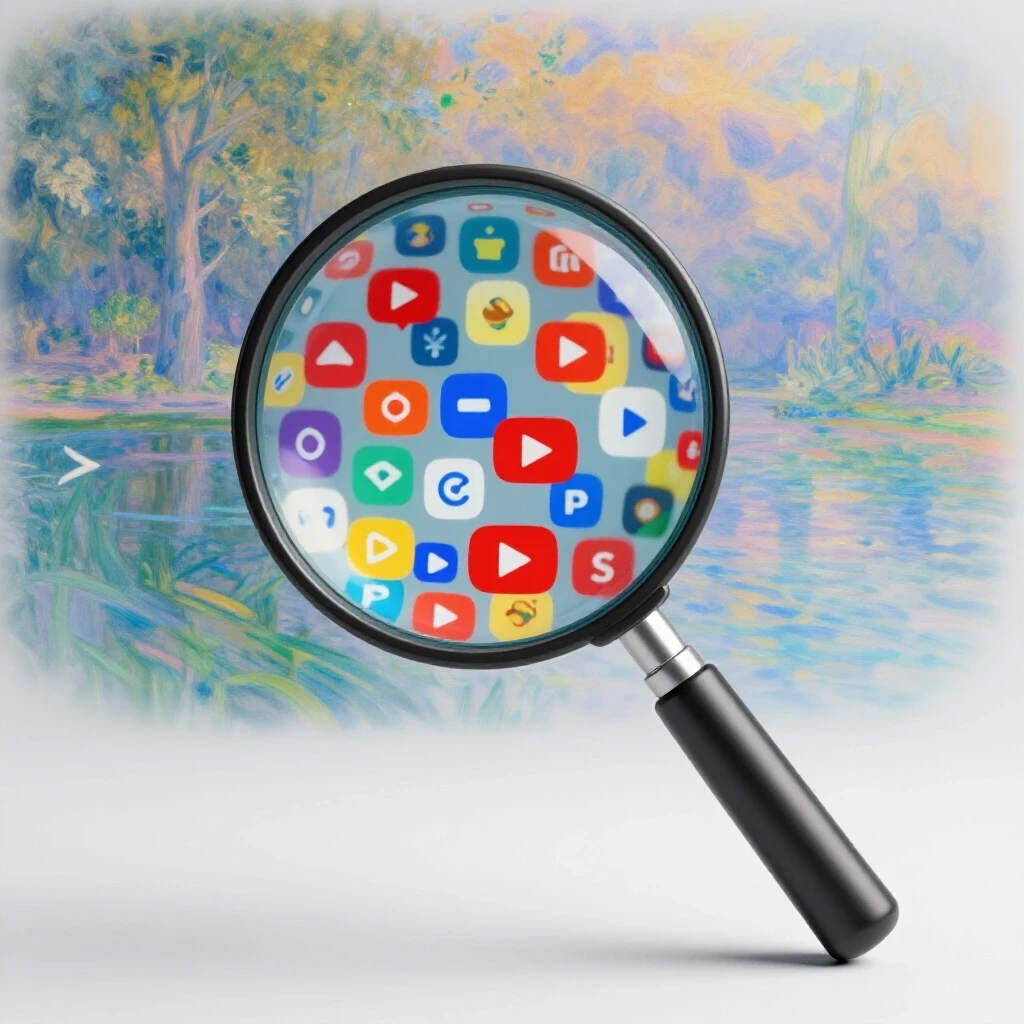 A magnifying glass over a colorful collage of YouTube icons, with a faded Monet painting image in the background.