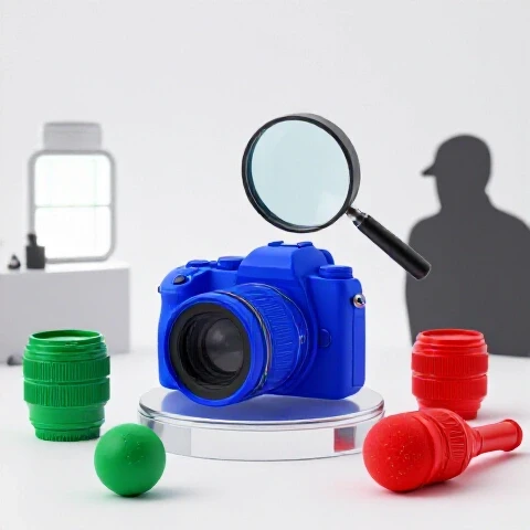 Magnifying glass examining colorful camera gear with suspicious and trustworthy seller symbols in bright studio.