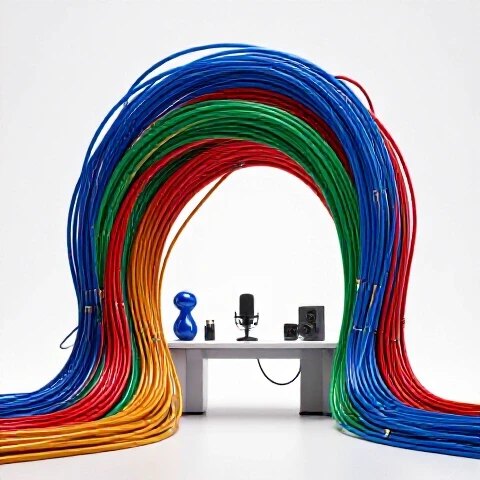 A tangle of vibrant cables transforming into sleek, organized lines leading to a bright creative workspace.