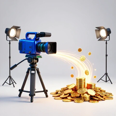 Premium video equipment on one side and a pile of gold coins on the other, linked by a swirling energy bridge on a bright studio background.