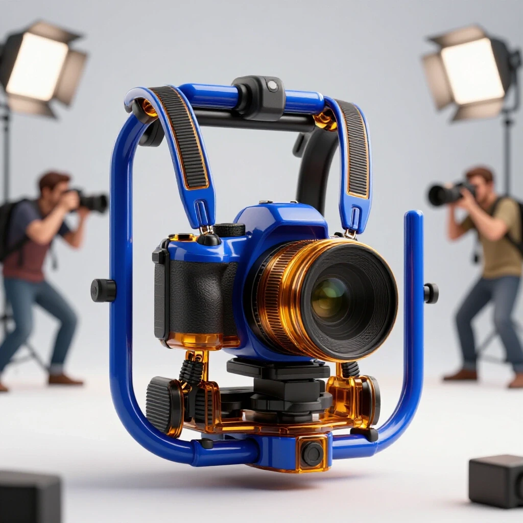 A vibrant camera chest rig in focus with blurred action shots of photographers in motion behind it.