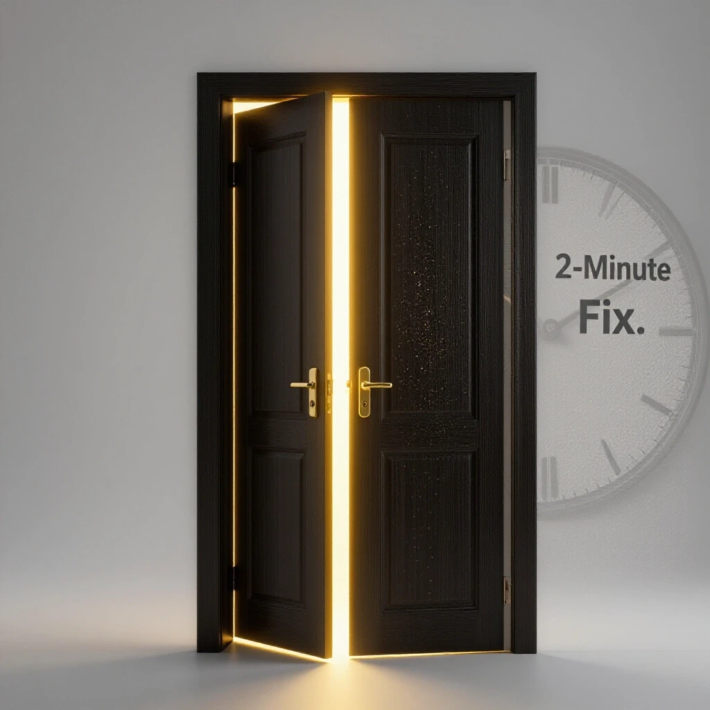 A dark partially opened door with bright light spilling out, symbolizing privacy turning public, against a clean white background.