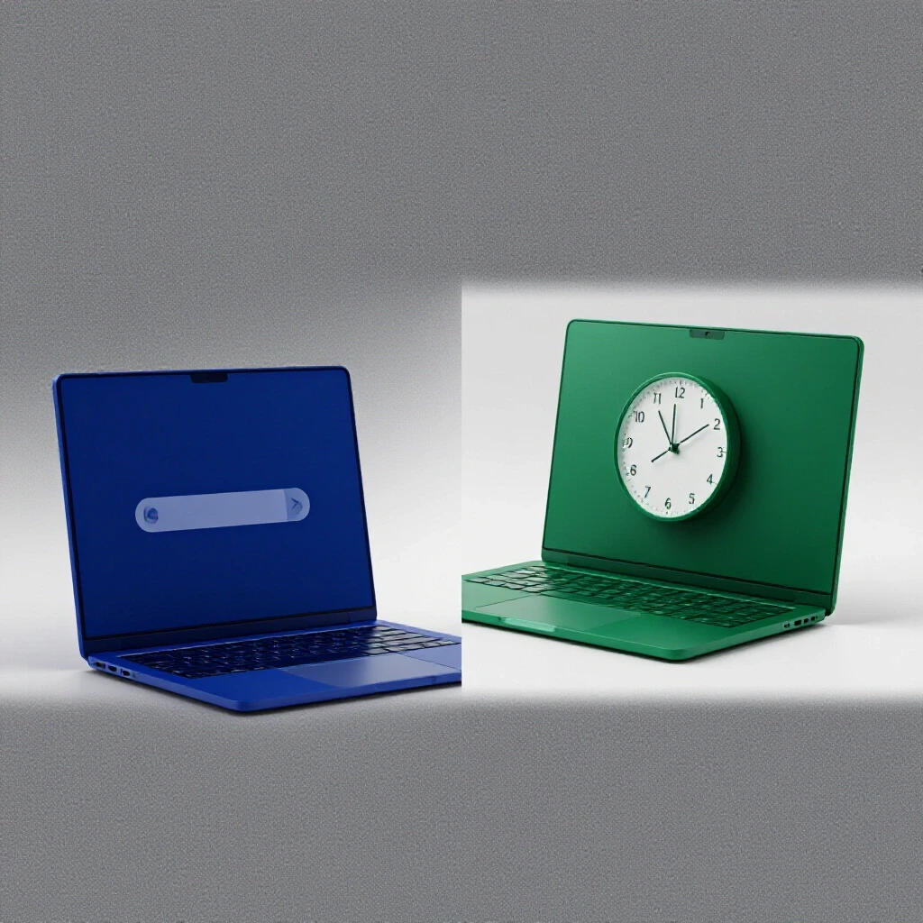 A split-screen image showing a laptop uploading a video and another closed laptop with a clock indicating five minutes.