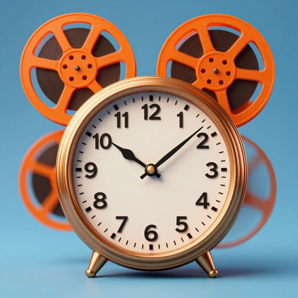 A glossy clock in the foreground with a spinning video reel in vibrant orange, symbolizing the tension of waiting during video processing.