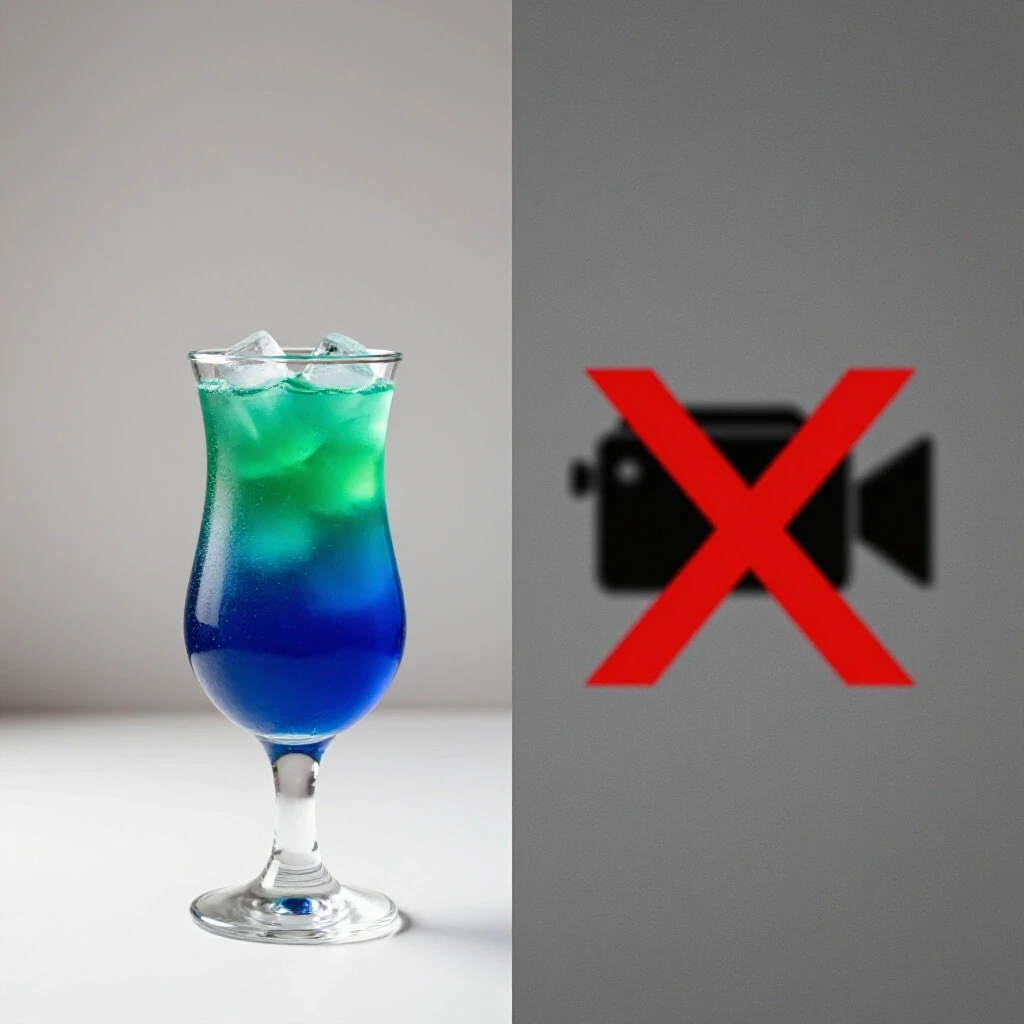 A split scene of a bright cocktail glass and a red 'X' over a camera icon, symbolizing risks of drinking in videos.