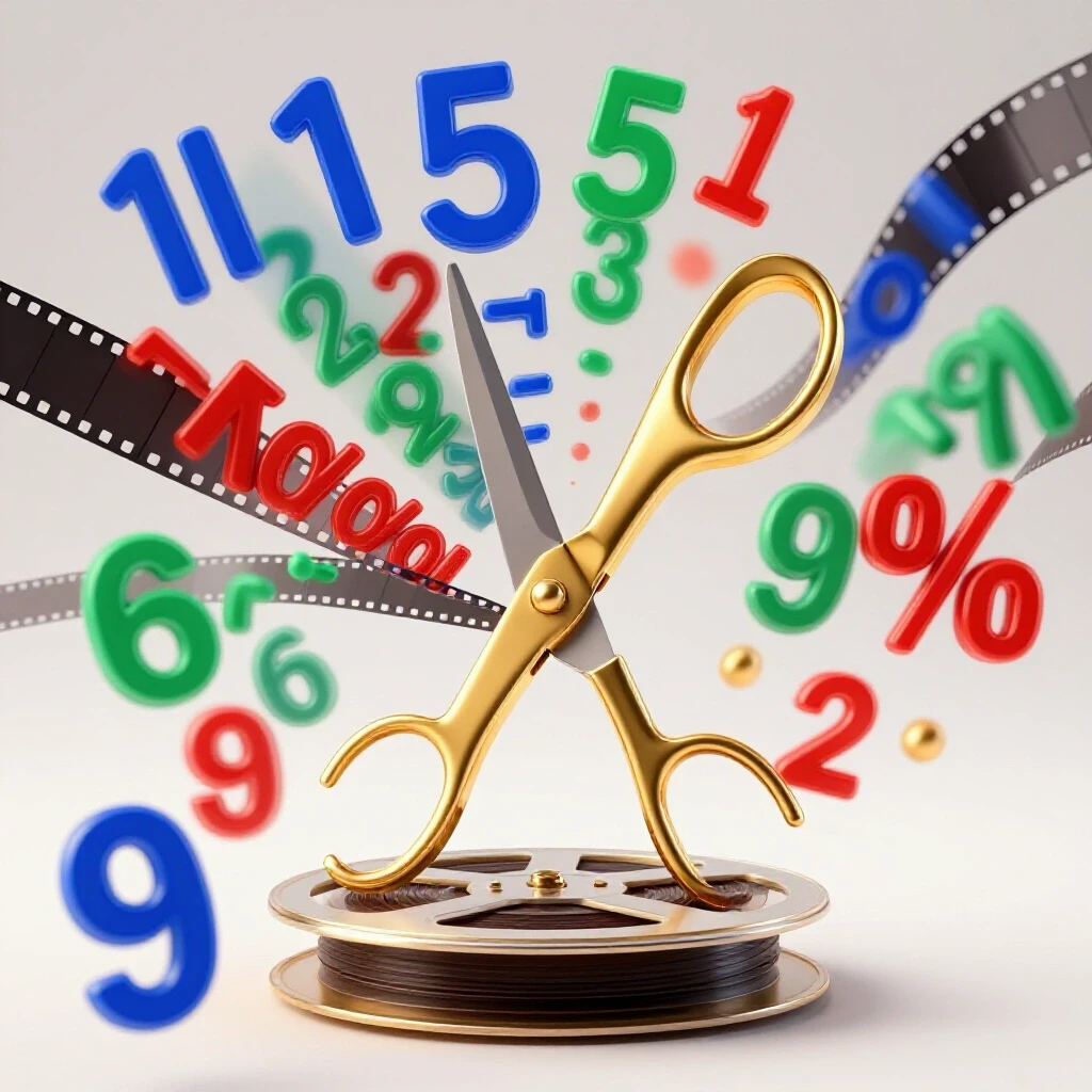 A pair of shiny gold scissors cutting through a film reel, with colorful numbers cascading to represent video views.