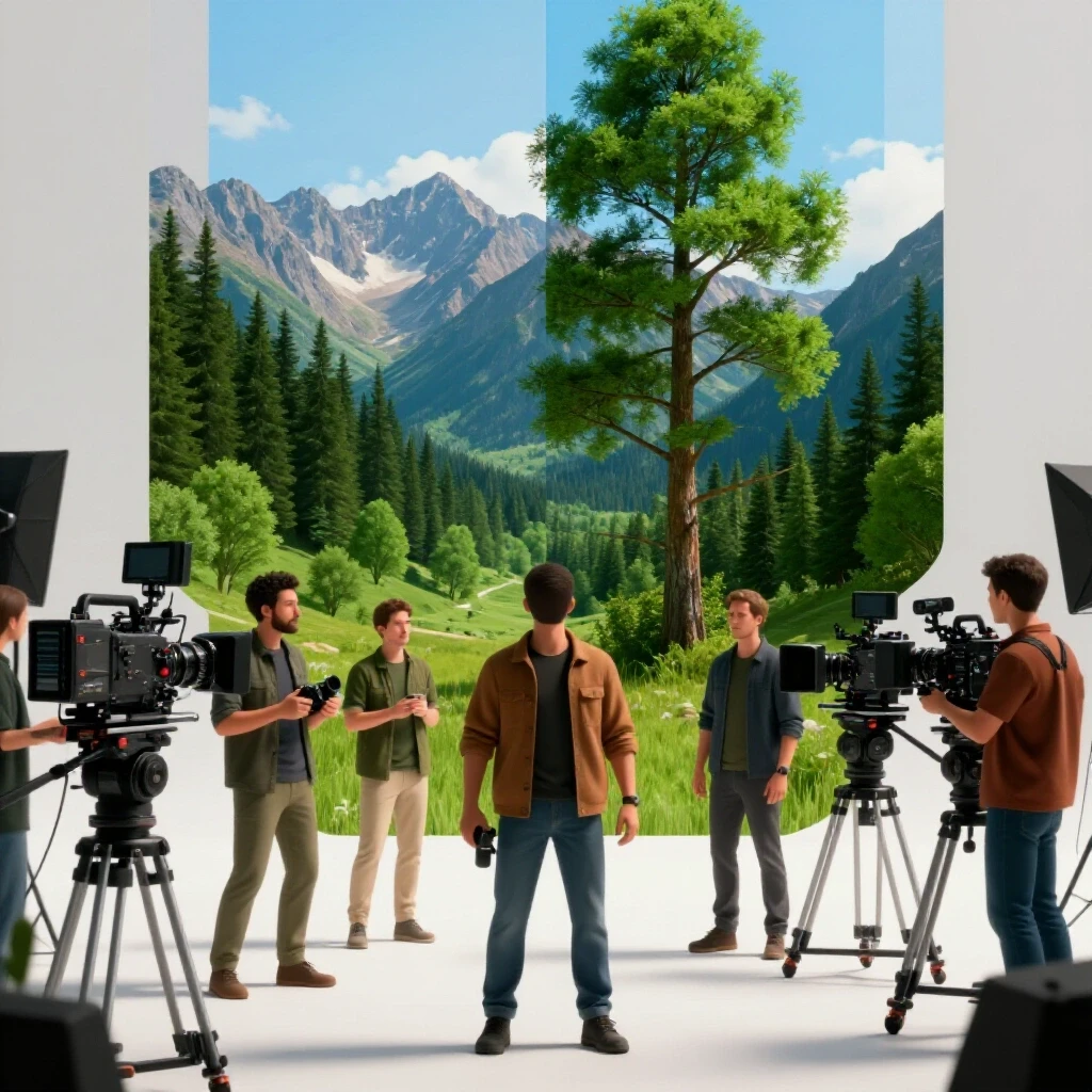 A split image with a vibrant national park scene on one half and a professional film crew filming on the other half.