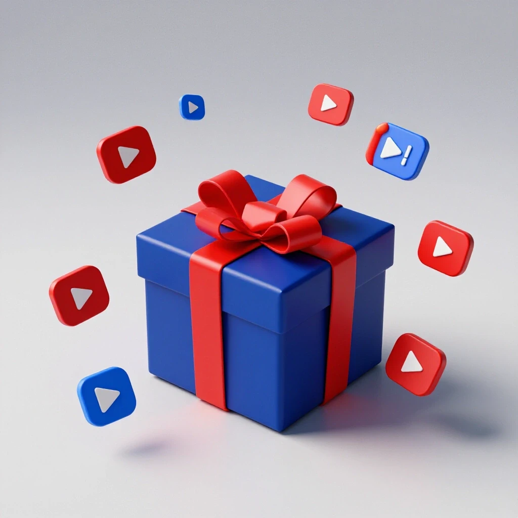 A colorful gift box with a play button on top, surrounded by floating YouTube icons, representing gifting YouTube Premium.