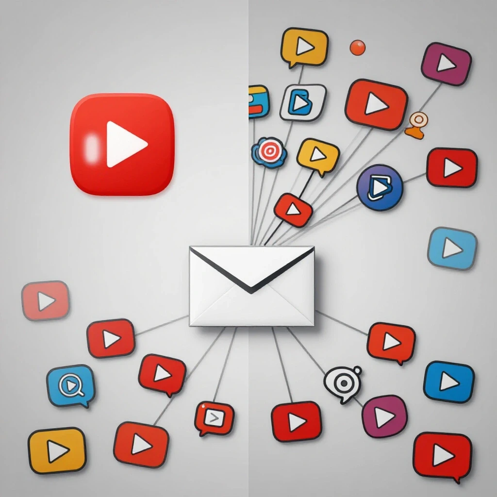 Visual representation of managing multiple YouTube channels from one email, featuring single and multiple channel icons.